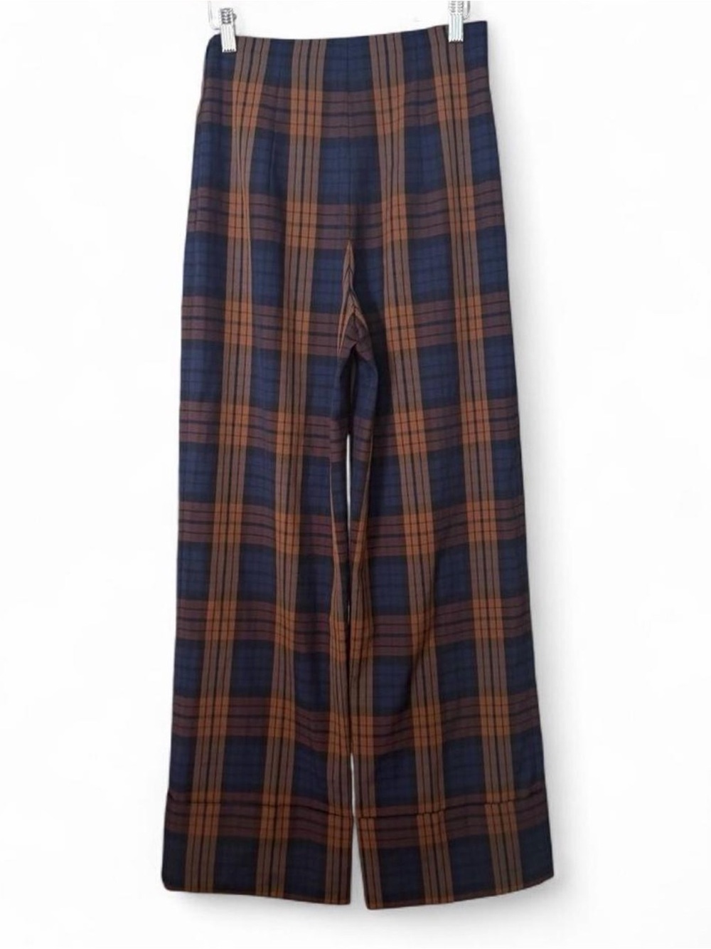 Zara Plaid Wide-Leg Cuffed Palazzo Pants - Navy & Brown XS